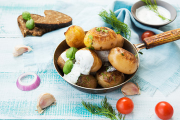 Fried potatoes in a pan with sour cream on rustic background