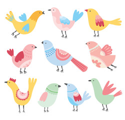 Obraz premium Cute birds vector. Cartoon set of colorful birds. Whimsical spring birds. Colorful and happy. 