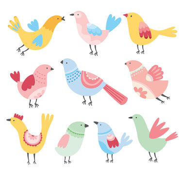 Cute birds vector. Cartoon set of colorful birds. Whimsical spring birds. Colorful and happy. 