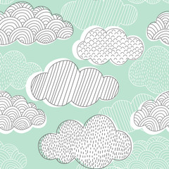 Fototapeta premium Doodle clouds vector seamless pattern. Hand drawn graphic tileable background. 