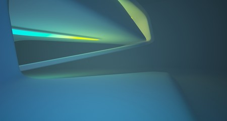 Abstract architectural smooth white interior of a minimalist house with color gradient neon lighting. 3D illustration and rendering.