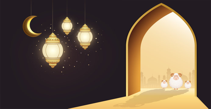 Muslim holiday Eid Al-Adha. White sheep or sacrifice a ram at door of a mosque with crescent moon and glowing lanterns.