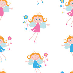 Seamless background of flying joyful elves girls