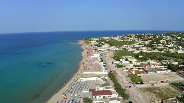 Aerial view, public beach by the sea, Spiaggiabella Beach,, Torre Rinalda, Lecce, Apulia, Italy