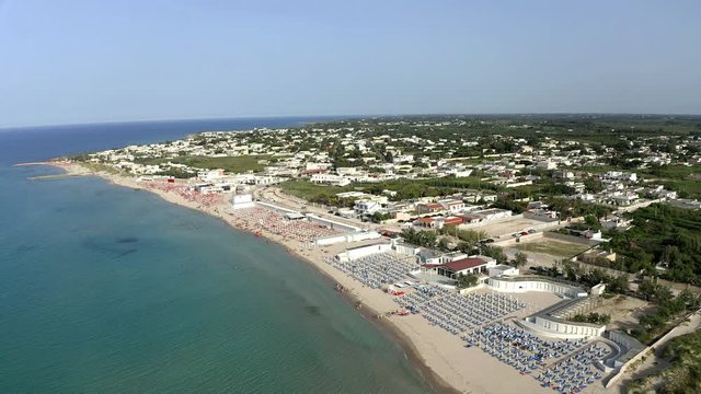 Aerial view, public beach by the sea, Spiaggiabella Beach,, Torre Rinalda, Lecce, Apulia, Italy