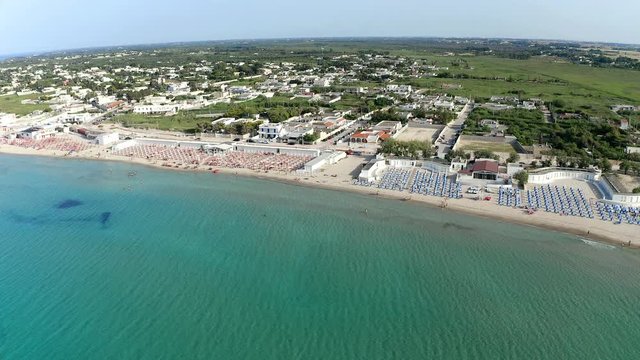 Aerial view, public beach by the sea, Spiaggiabella Beach,, Torre Rinalda, Lecce, Apulia, Italy