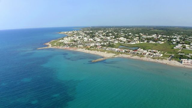 Aerial view, public beach by the sea, Spiaggiabella Beach,, Torre Rinalda, Lecce, Apulia, Italy