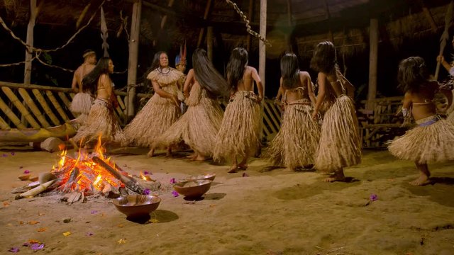 Aboriginal Culture And Art Show Indigenous Performing Dance Around Fire Traditional Event In Amazonian Jungle By Night In Ecuador