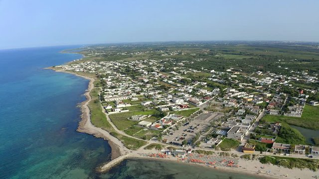 Aerial view, public beach by the sea, Spiaggiabella Beach,, Torre Rinalda, Lecce, Apulia, Italy