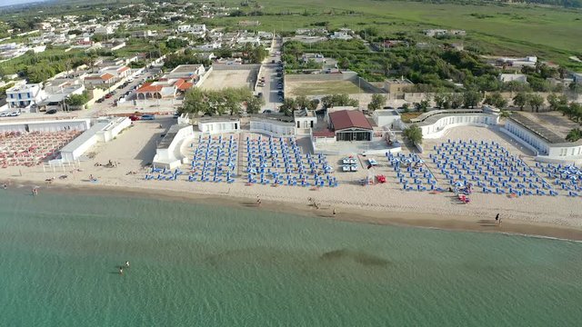 Aerial view, public beach by the sea, Spiaggiabella Beach,, Torre Rinalda, Lecce, Apulia, Italy