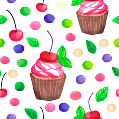 pattern of watercolor colored dots cupcake with cherry