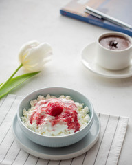 cottage cheese with strawberries and coffee for breakfast