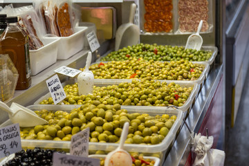 An olive bar in the farmers market found while traveling in Malaga, Spain.