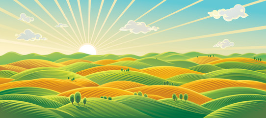 Panoramic rural Landscape, sunrise over fields and hills
