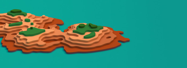 Wide panorama 3D Landscape Paper Cut style. Blank space. Curved shapes with green brown pastel natural color. Abstract geometric background art illustration for cover, design, book, poster, flyer