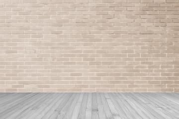 Brick wall in antique pink brown texture background with wood floor in grey
