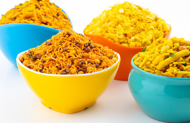 Indian Traditional Namkeen Food on White Background