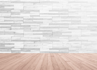 White grey brick tile textured wall with wood floor in light red brown background for interior decoration