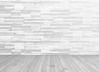 White grey brick tile textured wall with wood floor in light grey background for interior decoration