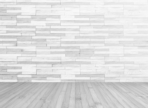 White grey brick tile textured wall with wood floor in light grey background for interior decoration