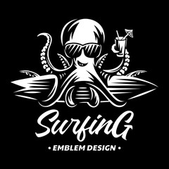 Octopus in sunglasses with cocktail and surfboard - surfing emblems, illustrations, t-shirt designs vector on black background