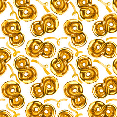 Watercolor illustration of number eight gold balloon for birthday or annyversary celebration with ribbons pattern set isolated on white background