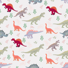 Cute dinosaurs and leaves seamless pattern