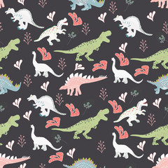 Dinosaurs cute hand drawn seamless pattern with pink leaves