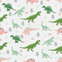 Pink and green dinosaurs hand drawn seamless pattern
