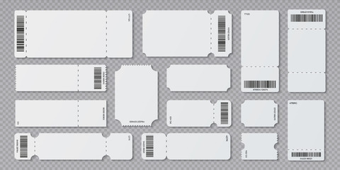 Empty ticket template. Concert movie theater and boarding blank white tickets, lottery coupons with ruffle edges. Vector isolated modern coupon set for travelling festival airplane - obrazy, fototapety, plakaty