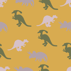 Pastel dinosaurs silhouette seamless pattern on mustard colour background