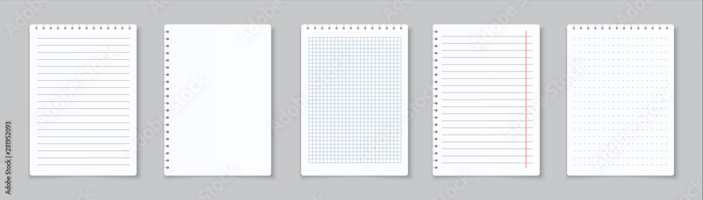 Aufkleber Realistic lined notepapers. Blank gridded notebook papers for homework and exercises. Vector pads paper sheets with lines and squares for memo