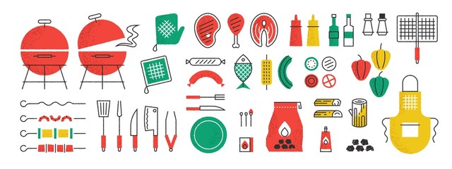 Bbq and grill icons. Summer picnic with cooking barbecue meet and kitchen equipment, sauce spatula and pork on skewer. Vector isolated cuisine grilling symbols set