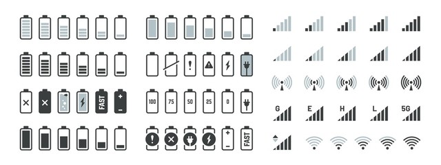 Battery icons. Black charge level gsm and wifi signal strength, smartphone UI elements set. Vector full low and empty charge status, smart sign progression load