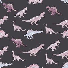 Light pink dinosaurs silhouette seamless pattern on  black background