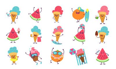 Summer cute stickers. Beach party characters with funny faces swimming playing sunbathing. Vector illustration elements for summer cards with watermelon and ice cream