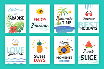 Summer doodle poster. Beach party banners with simple patterns and lettering, vacation sticker elements. Vector hand drawn flat cards holiday collection isolated set
