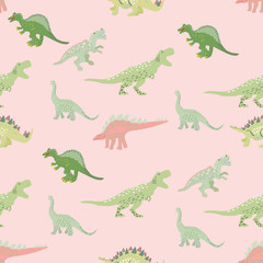 Green dinosaurs seamless pattern on pink background