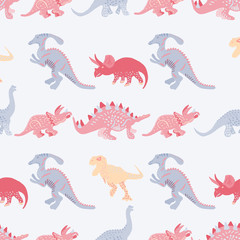 Blue dinosaurs seamless pattern on light blue background