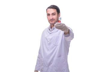 Young handsome doctor with syringe isolated on white
