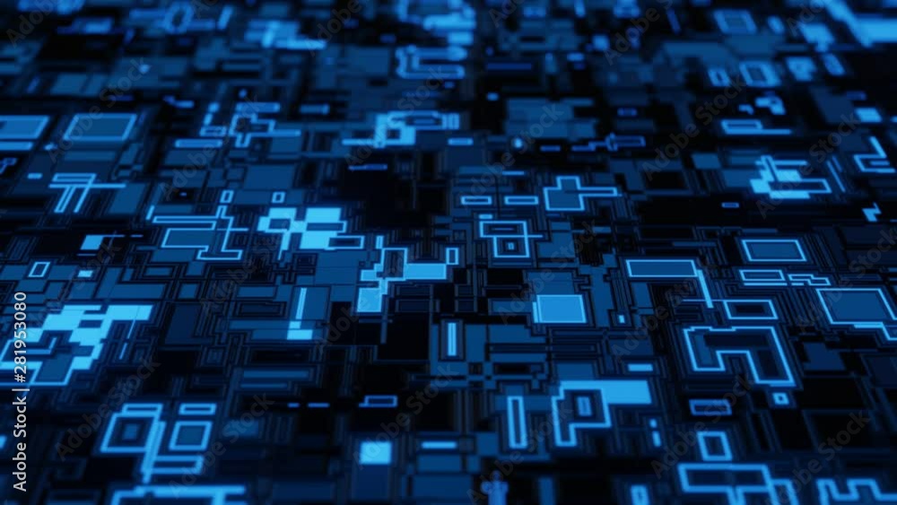 Poster 3d rendering of abstract binary data node with blue glowing led and dept of field focus. moving from