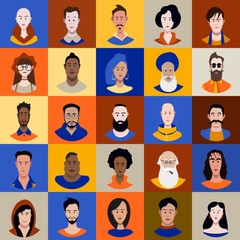 People of different races and ages Avatar Set Vector. Man, Woman. People User Person. Trendy Image. Cheerful Worker Avatar. Round Portrait. Flat Cartoon Character Illustration	