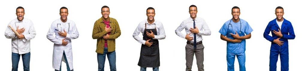 Set of doctor, barber and businessman smiling a lot while putting hands on chest