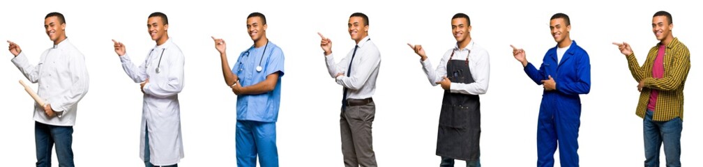Set of doctor, barber and businessman pointing finger to the side in lateral position