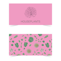 Business card with tropical leaves outline icon Philodendron leaf.