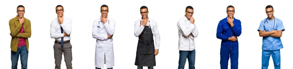 Fototapeta premium Set of doctor, barber and businessman with glasses and smiling