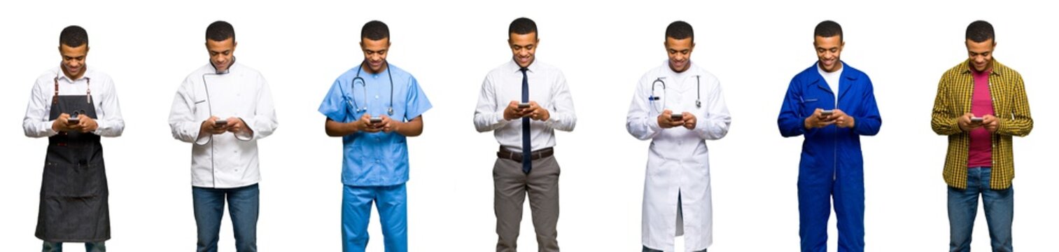 Set of doctor, barber and businessman sending a message with the mobile