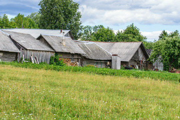 Rural landscape, back side of a village street with firewood and vegetable gardens.