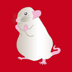 Happy white metal rat on red background.