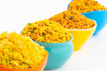 Indian Traditional Namkeen Food on White Background